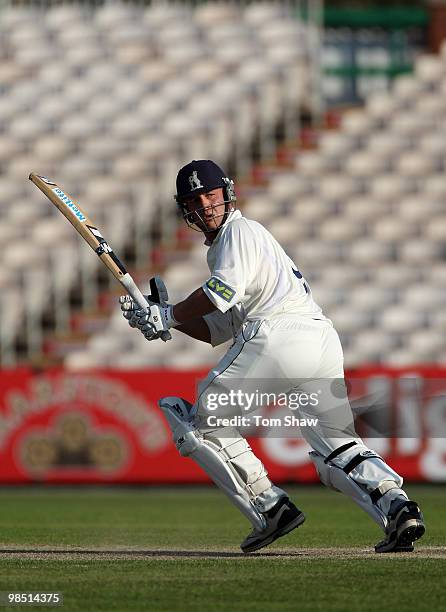 Jonathan Trott of Warwickshire hits out during the LV County Championship match between Lancashire and Warwickshire at Old Trafford on April 17, 2010...