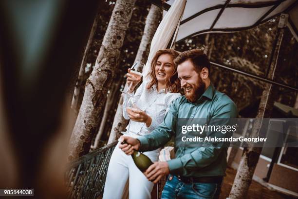 husband and wife enjoying anniversary celebration in nature - drunk husband stock pictures, royalty-free photos & images