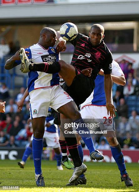 Sylvain Distin of Everton in action against Jason Roberts of Blackburn Rovers during the Barclays Premier League match between Blackburn Rovers and...