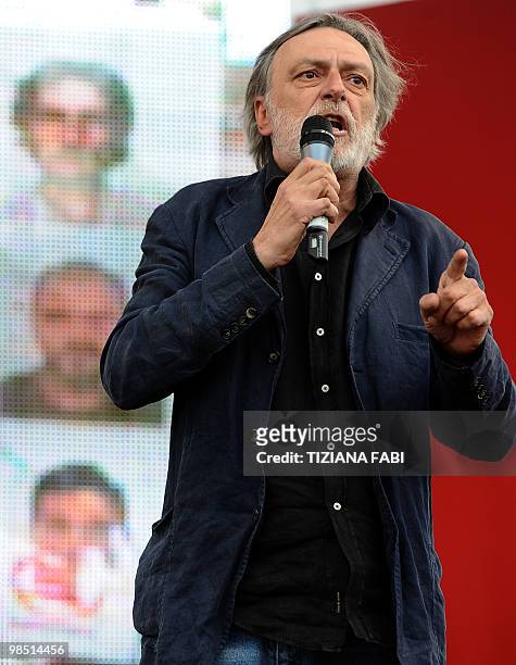 Founder of Italian medical charity Emergency Gino Strada delivers a speech during a demonstration to support three Emergency employees held in...