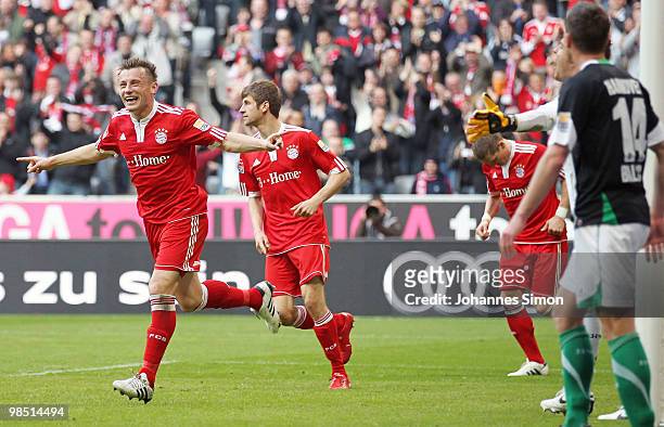 Ivica Olic of Bayern celebrates after scoring his team's first goal during the Bundesliga match between FC Bayern Muenchen and Hannover 96 at Allianz...