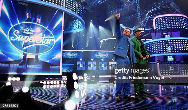 Menowin Froehlich and Mehrzad Marashi pose during the contest 'DSDS - Deutschland Sucht Den Superstar' final show on April 17, 2010 in Cologne,...