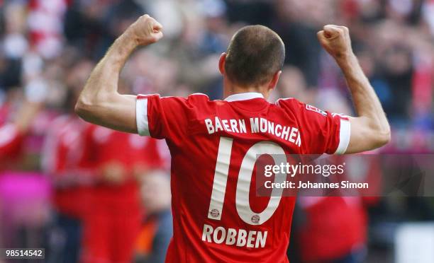 Arjen Robben of Bayern celebrates after scoring his team's second goal during the Bundesliga match between FC Bayern Muenchen and Hannover 96 at...