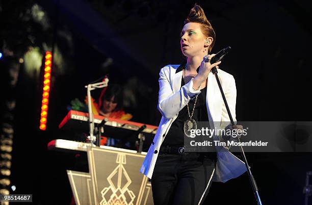 Elly Jackson of La Roux performs as part of the Coachella Valley Music and Arts Festival at the Empire Polo Fields on April 16, 2010 in Indio,...