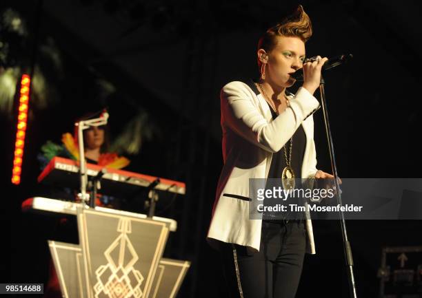 Elly Jackson of La Roux performs as part of the Coachella Valley Music and Arts Festival at the Empire Polo Fields on April 16, 2010 in Indio,...