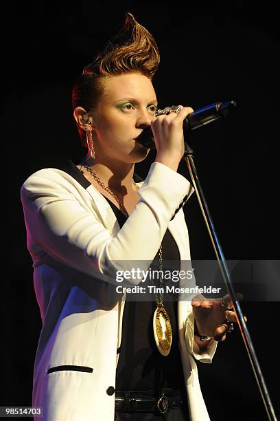 Elly Jackson of La Roux performs as part of the Coachella Valley Music and Arts Festival at the Empire Polo Fields on April 16, 2010 in Indio,...