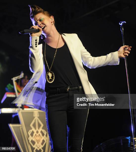 Elly Jackson of La Roux performs as part of the Coachella Valley Music and Arts Festival at the Empire Polo Fields on April 16, 2010 in Indio,...