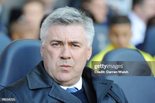Chelsea manager Carlo Ancelotti looks on prior to the Barclays Premier League match between Tottenham Hotspur and Chelsea at White Hart Lane on April...