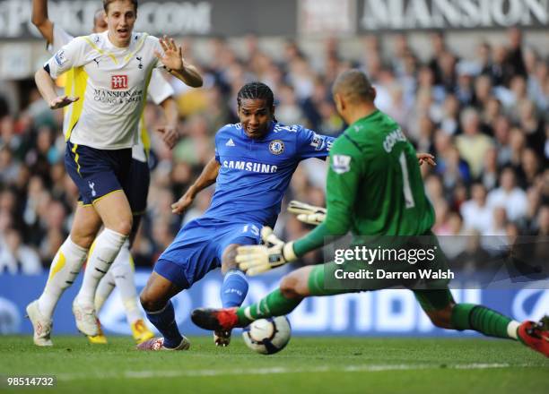 Florent Malouda of Chelsea puts the ball in the net only to be ruled offside during the Barclays Premier League match between Tottenham Hotspur and...