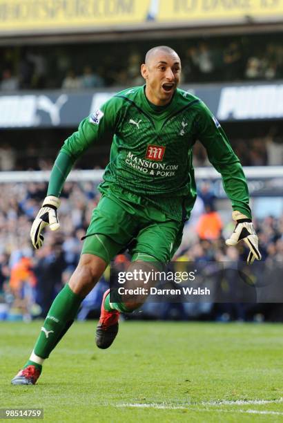 Heurelho Gomes of Tottenham Hotspur celebrates their second goal during the Barclays Premier League match between Tottenham Hotspur and Chelsea at...