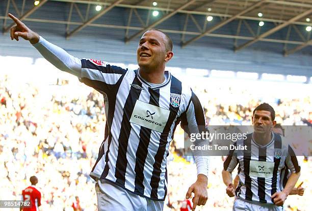 Roman Bedner of West Bromwich Albion celebrates scoring the second goal during the Coca Cola Championship match between West Bromwich Albion and...