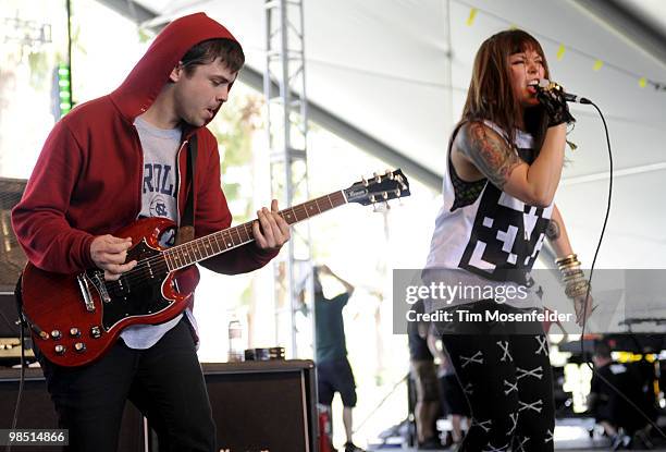 Derek E. Miller and Alexis Krauss of Sleigh Bells perform as part of the Coachella Valley Music and Arts Festival at the Empire Polo Fields on April...