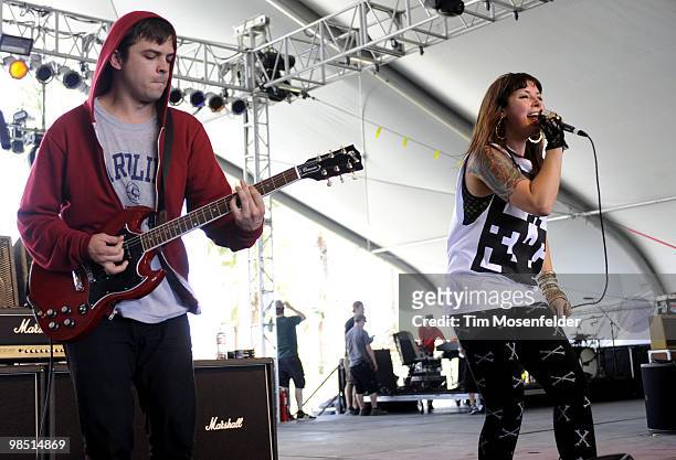 Derek E. Miller and Alexis Krauss of Sleigh Bells perform as part of the Coachella Valley Music and Arts Festival at the Empire Polo Fields on April...