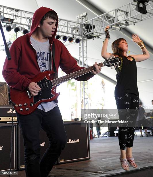 Derek E. Miller and Alexis Krauss of Sleigh Bells perform as part of the Coachella Valley Music and Arts Festival at the Empire Polo Fields on April...