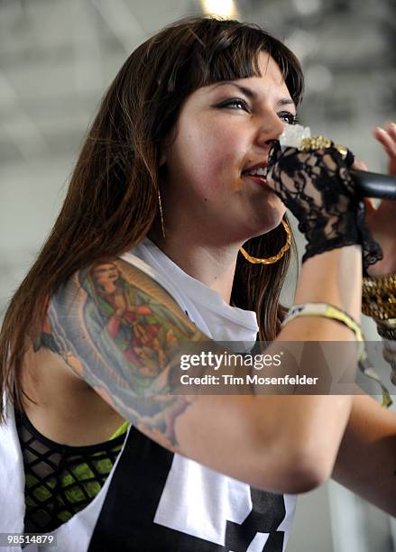 Alexis Krauss of Sleigh Bells performs as part of the Coachella Valley Music and Arts Festival at the Empire Polo Fields on April 16, 2010 in Indio,...