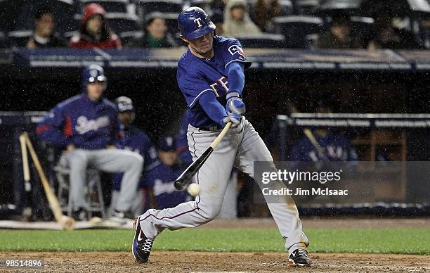 Michael Young of the Texas Rangers bats against the New York Yankees on April 16, 2010 at Yankee Stadium in the Bronx borough of New York City.