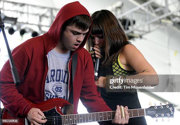 Derek E. Miller and Alexis Krauss of Sleigh Bells perform as part of the Coachella Valley Music and Arts Festival at the Empire Polo Fields on April...