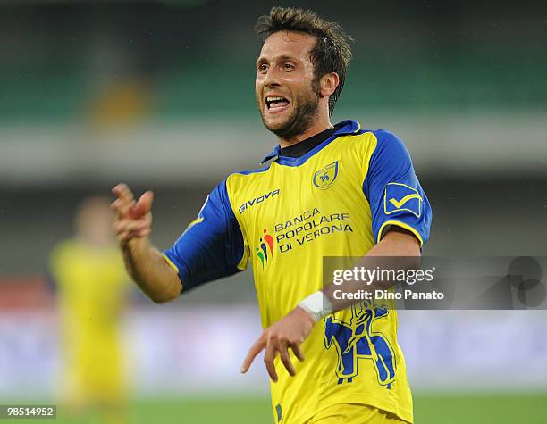 Elvis Abbruscato of Chievo celebrates after scoring his team's second goal during the Serie A match between AC Chievo Verona and AS Livorno Calcio at...