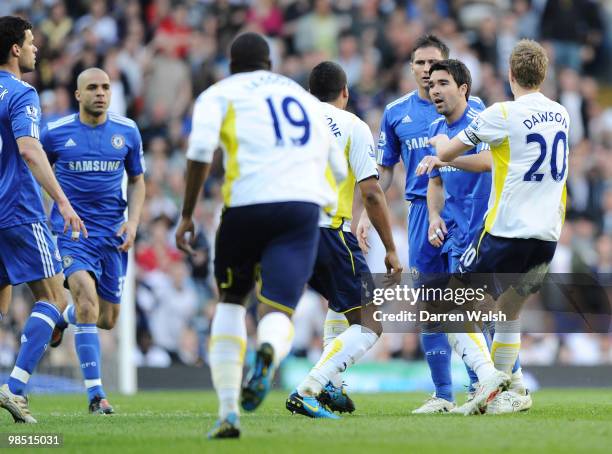 Tom Huddlestone of Tottenham Hotspur argues with Deco of Chelsea during the Barclays Premier League match between Tottenham Hotspur and Chelsea at...