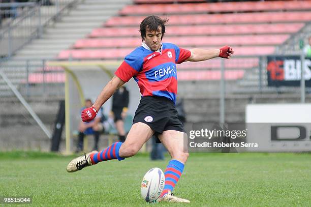 German Bustos of Femi CZ Rovigo converts a try during the Campionato Eccellenza Super 10 match between Femi-CZ Rovigo v Parma Rugby FC at Mario...