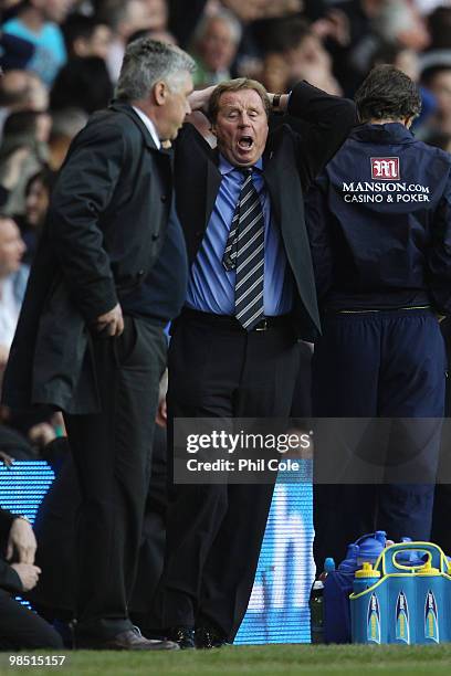 Manager of Tottenham Hotspur Harry Redknapp reacts on the touchline during Barclays Premier League match between Tottenham Hotspur and Chelsea at...