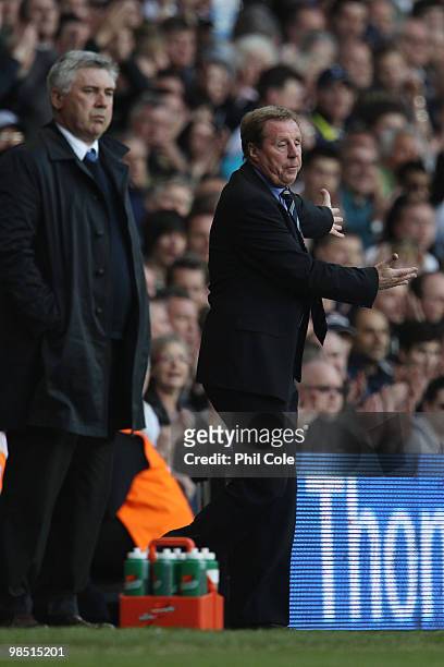 Manager of Tottenham Hotspur Harry Redknapp reacts with Chelsea manager Carlo Ancelotti on the touchline during Barclays Premier League match between...