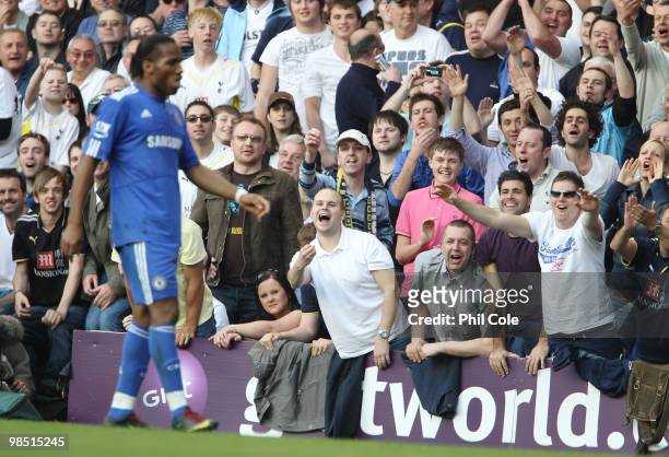Fans of Tottenham Hotspur react to Didier Drogba of Chelsea during the Barclays Premier League match between Tottenham Hotspur and Chelsea at White...
