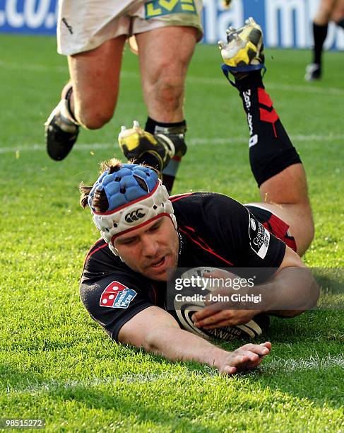 Schalk Brits of Saracens scores a try during the Guinness Premiership game between Saracens and Harlequins at Wembley Stadium on April 17, 2010 in...