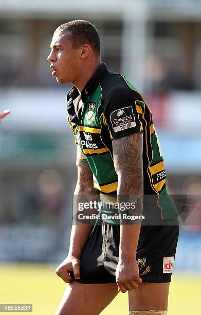 Courtney Lawes of Northampton looks on during the Guinness Premiership match between Northampton Saints and Gloucester at Franklin's Gardens on April...