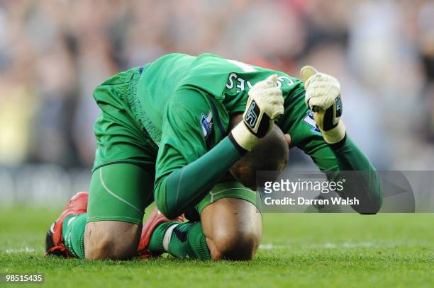 Goalkeeper Heurelho Gomes of Tottenham Hotspur reacts during the Barclays Premier League match between Tottenham Hotspur and Chelsea at White Hart...