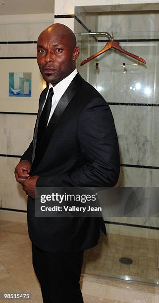 Actor Jimmy Jean Louis star of NBC Television series "Heroes" getting dress at the Fontainebleau to attend the Millennium Network event in support of...