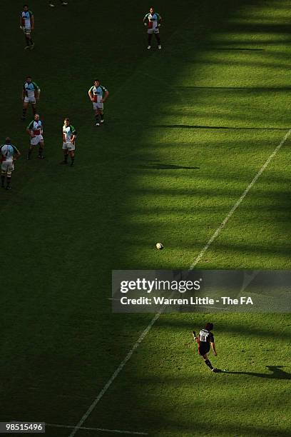 Derick Hougaard of Saracens converts a kick at goal during the Guinness Premiership match between Saracens v Harlequins at Wembley Stadium on April...