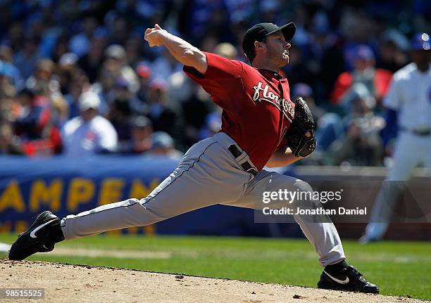 Starting pitcher Roy Oswalt of the Houston Astros delivers the ball against the Chicago Cubs at Wrigley Field on April 17, 2010 in Chicago, Illinois.