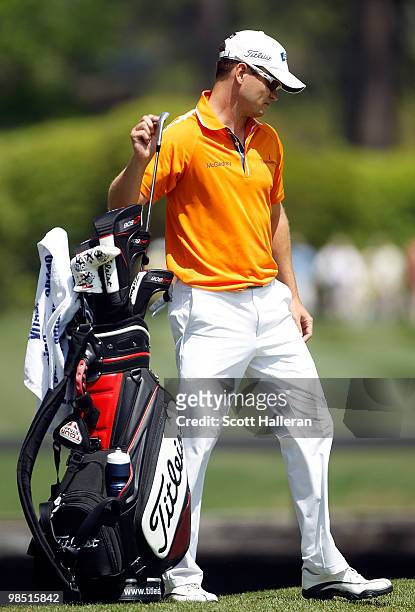 Zach Johnson pulls a club during the third round of the Verizon Heritage at the Harbour Town Golf Links on April 17, 2010 in Hilton Head lsland,...