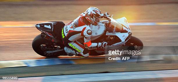 French Gwen Giabbani rides his Yamaha N°1 during the 33rd edition of the Le Mans 24-Hour endurance moto race on April 17, 2010 in Le Mans, western...