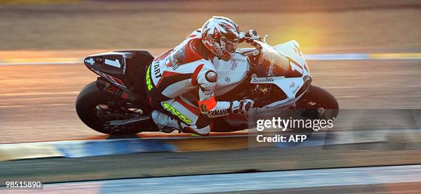 French Gwen Giabbani rides his Yamaha N°1 during the 33rd edition of the Le Mans 24-Hour endurance moto race on April 17, 2010 in Le Mans, western...