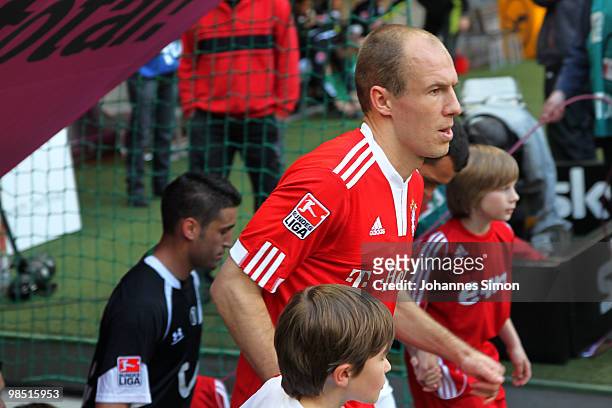 Arjen Robben of Bayern arrives for the Bundesliga match between FC Bayern Muenchen and Hannover 96 at Allianz Arena on April 17 in Munich, Germany.