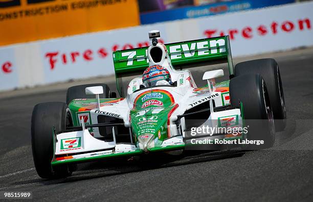 Tony Kanaan of Brazil, driver of the Team 7-Eleven Dallara Honda during practice for the IndyCar Series Toyota Grand Prix of Long Beach on April 17,...