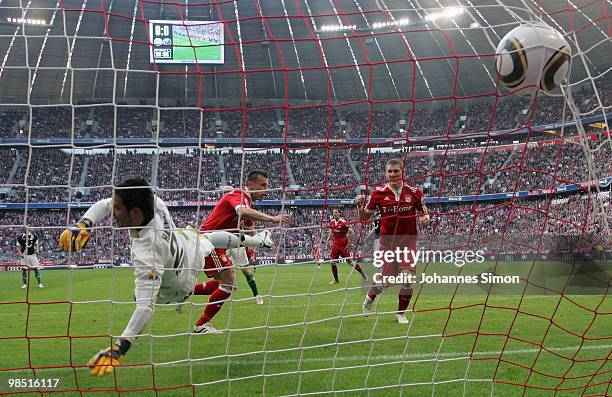 Ivica Olic of Bayern scores his team's first goal during the Bundesliga match between FC Bayern Muenchen and Hannover 96 at Allianz Arena on April 17...
