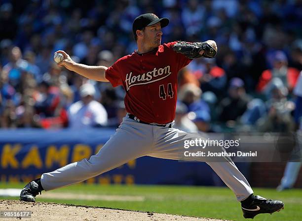 Starting pitcher Roy Oswalt of the Houston Astros delivers the ball against the Chicago Cubs at Wrigley Field on April 17, 2010 in Chicago, Illinois....