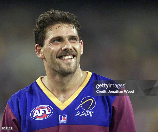 Darryl White of Brisbane gives a smile during the AFL Premiership match between the Geelong Cats and the Brisbane Lions played at the Gabba,...