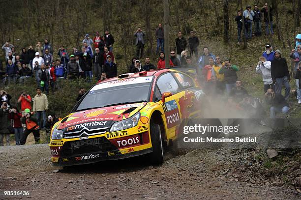 Petter Solberg of Norway and Phil Mills of Great Britain compete in their Citroen C4 during Leg 2 of the WRC Rally of Turkey on April 17, 2010 in...