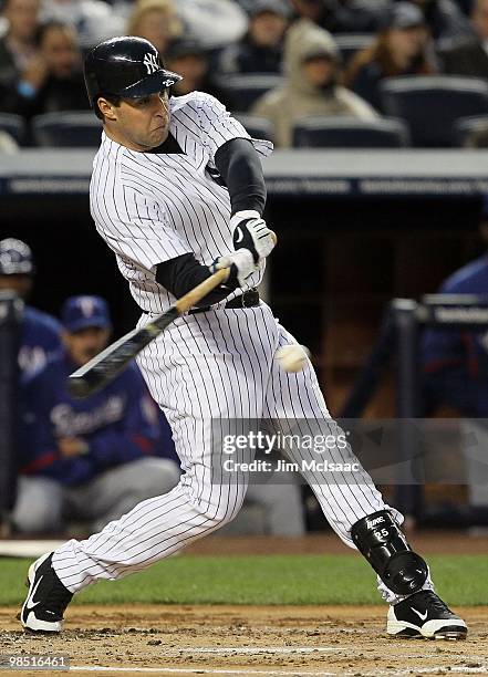 Mark Teixeira of the New York Yankees bats against the Texas Rangers on April 16, 2010 at Yankee Stadium in the Bronx borough of New York City.