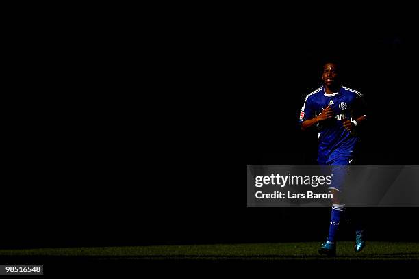 Jefferson Farfan of Schalke runs during the Bundesliga match between FC Schalke 04 and Borussia Moenchengladbach at Veltins Arena on April 17 in...