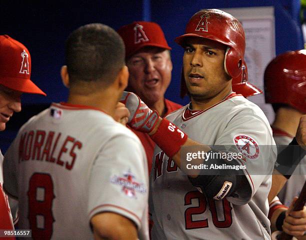 Juan Rivera of the Los Angeles Angels celebrates a home run against the Toronto Blue Jays during a MLB game at the Rogers Centre April 17, 2010 in...