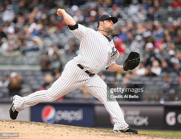 Joba Chamberlain of The New York Yankees pitches against the Texas Rangers during their game on April 17, 2010 at Yankee Stadium in the Bronx Borough...