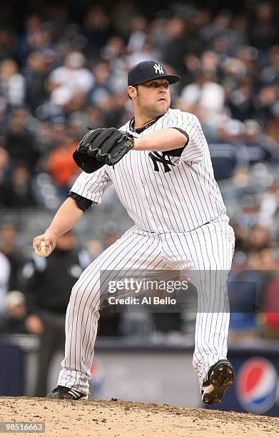 Joba Chamberlain of The New York Yankees pitches against the Texas Rangers during their game on April 17, 2010 at Yankee Stadium in the Bronx Borough...