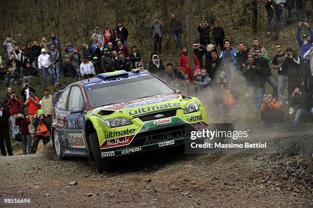 Mikko Hirvonen of Finland and Jarmo Lehtinen of Finland compete in their BP Abu Dhabi Ford Focus during Leg2 of the WRC Rally of Turkey on April 17,...