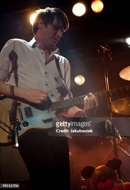 Singer Dirk von Lowtzow of the German rock band Tocotronic performs live during a concert at the Astra Kulturhaus on April 17, 2010 in Berlin,...