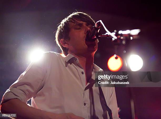 Singer Dirk von Lowtzow of the German rock band Tocotronic performs live during a concert at the Astra Kulturhaus on April 17, 2010 in Berlin,...